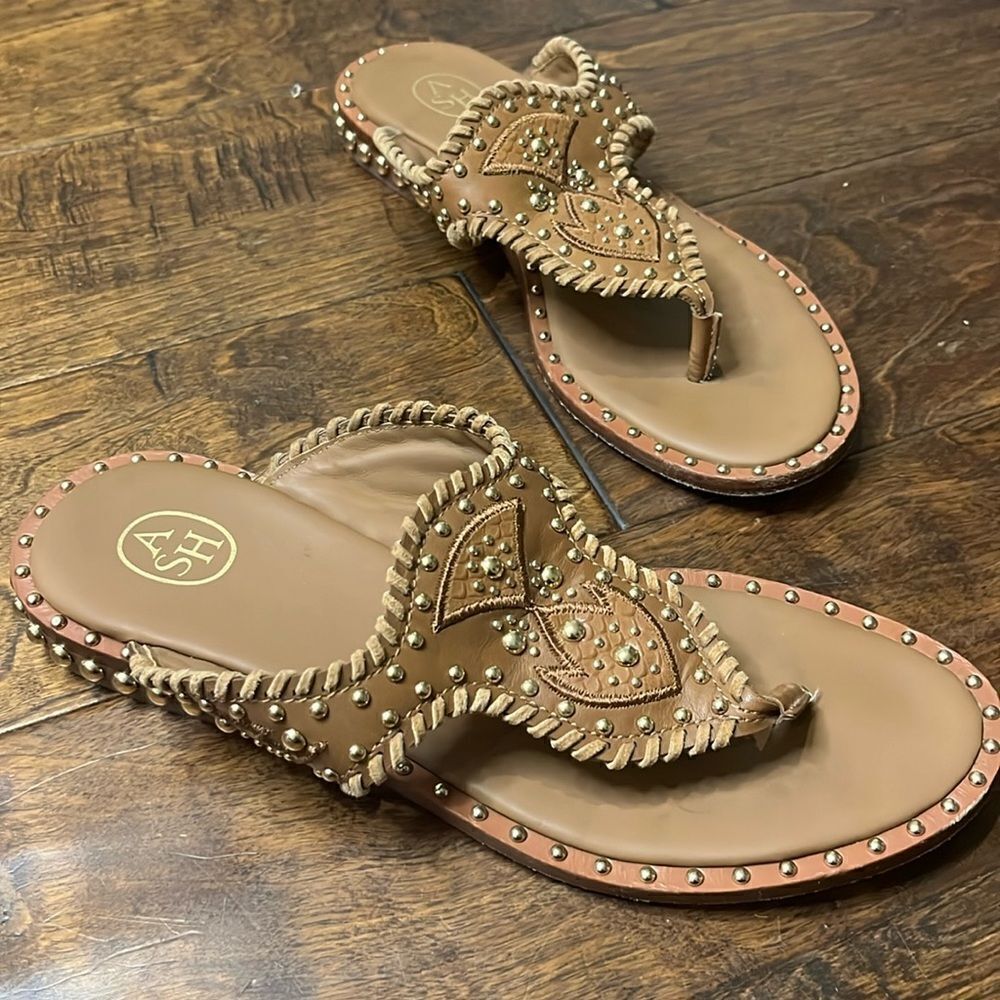 ASH Ball-Studded Embroidered Leather Phedra Sandal, size 8